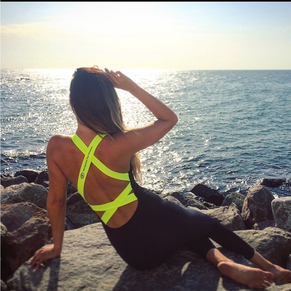 Bombshell Sportswear Pants - New Neon Yellow and Black Crossback one piece for gym , aerial , yoga